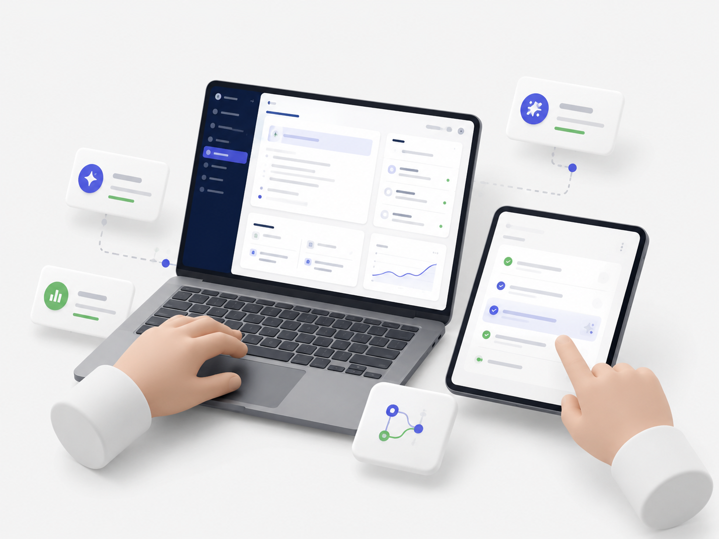 Manos usando un portátil y una tablet con flujos de inteligencia artificial y tareas digitales conectadas