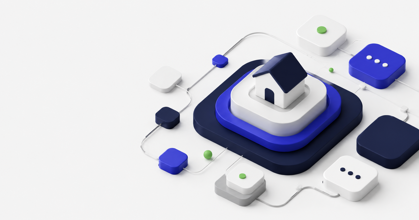 Arquitectura digital modular con una base central y componentes conectados alrededor