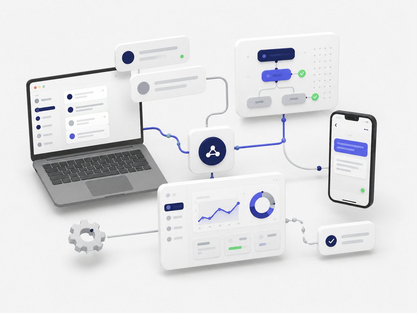 Flujos de automatización conectando portátil, móvil, paneles de datos y tareas operativas