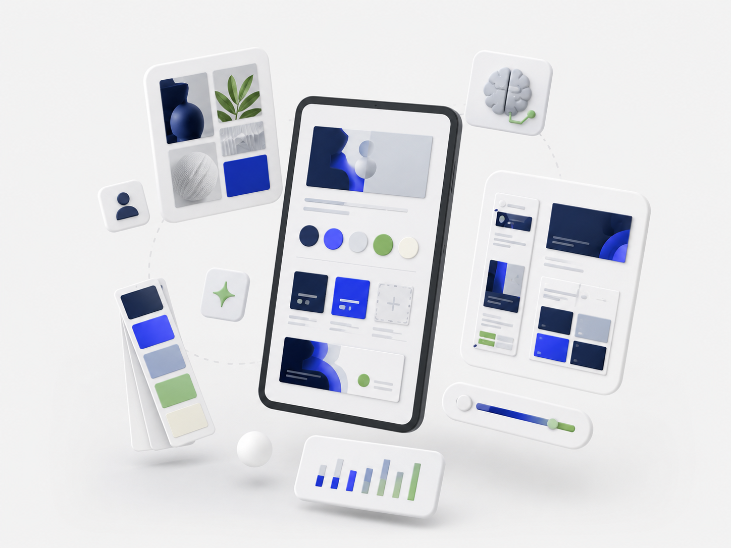 Sistema de marca digital con tablero visual, paleta de color, componentes de interfaz e ideas creativas